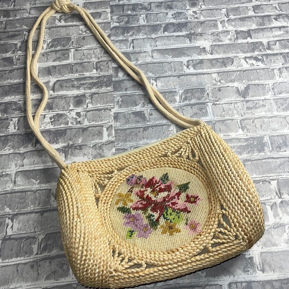 Vintage straw grandma chic needlepoint bag over shoulder crossbody
